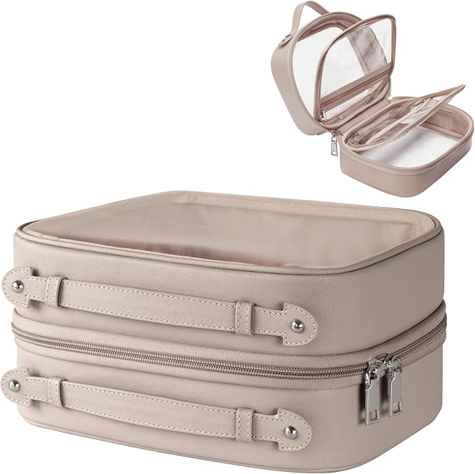 Clear Cosmetic Bag Double Layer Travel Toiletry Bag Clear Makeup Bag Case with 4 Compartments, Transparent Travel Bag for Toiletries, Large Toiletry Bag for Women Cosmetic Case (Taupe, Large) by Oaque