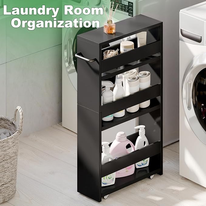 MARTY Slim Rolling Storage Cart, Wood Utility Kitchen Bathroom Laundry Cart | 4 Tier Kitchen Cart with Wheels Handle, Laundry Room Organization, Narrow Bathroom Storage Cabinet, 5.5" Wide Storage Trolley - Image 4