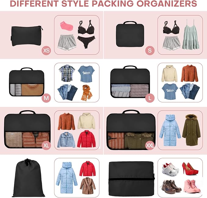 SDGFUI 8 PCS Compression Packing Cubes for Travel Women, Compression Organizer for Luggage Space Saving Travel Essentials and Carry on, Luggage Organizer Bags for Suitcase - Black - Image 3