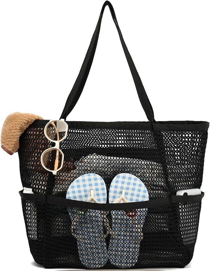 Fammart Mesh Beach Bag for Women, Summer Straw Tote Hobo Pool Bags with Zipper Pocket, Travel Vacation Cruise Essentials 2026 by Fammart