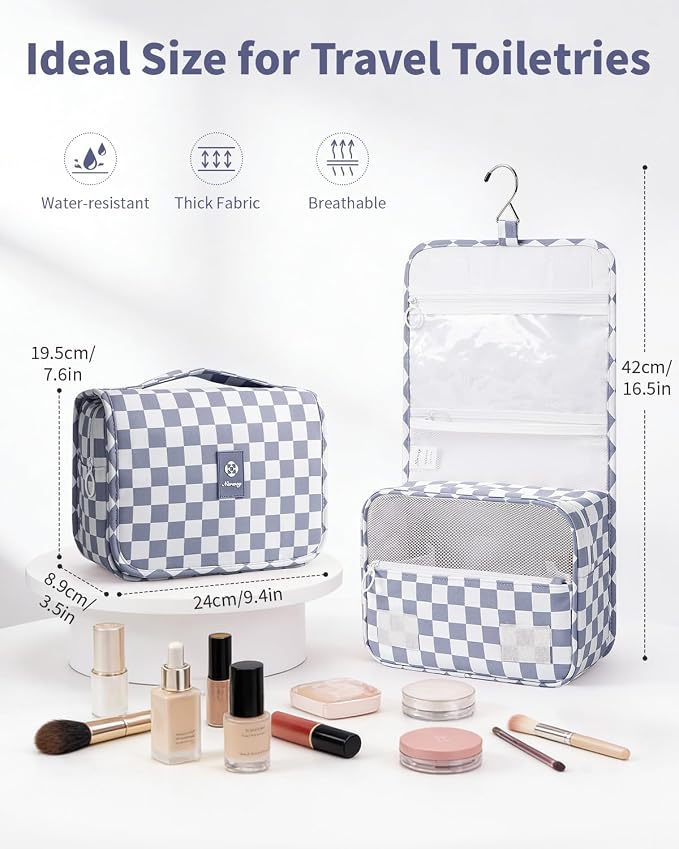 Narwey Small Hanging Travel Toiletry Bag for Traveling Women, Checkered Travel Bag for Toiletries, Makeup Bag Organizer Make Up Cosmetic Bags, Gifts for Kids Teen Girls (Grayish Blue Checkerboard) - Image 2