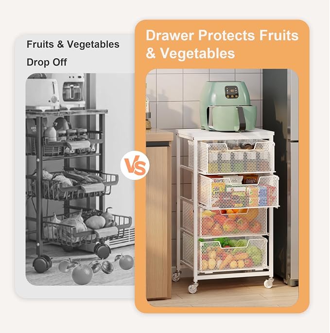 4-Tier Kitchen Storage Cart - Fruit Vegetable Storage Cart with Drawers, Wooden Top Metal Wire Kitchen Organizer and Storage Cart with Wheels to Storage Onions Potatoes Cans Snacks for Kitchen - Image 6