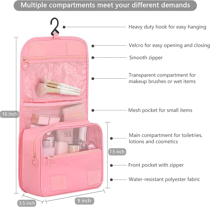 Hanging Travel Toiletry Bag for Women, Water-resistant Makeup Bag Cosmetic Organizer for Traveling Accessories Toiletries (Pink) - Image 2