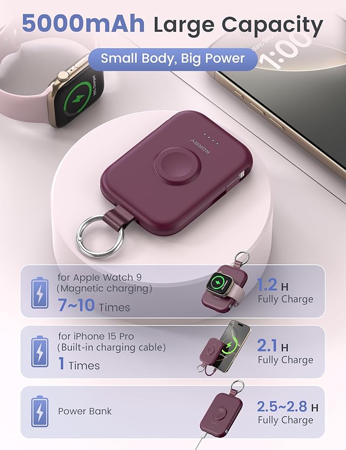 RORRY CharmGo Portable Charger, 5000mAh Portable Charger Power Bank | Built-in Cables,Travel Keychain Battery Pack Essentions for Apple Watch 1~11 Series/Ultra/SE & iPhone Air/17/16/15/14/13/12 - Image 3