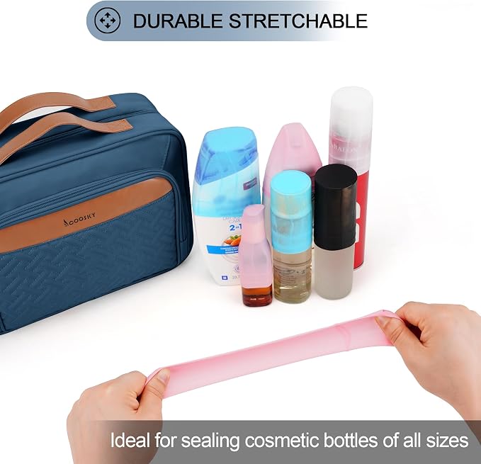 Travel Hanging Toiletry Bag for Women, Large Makeup Bag 8 Leak Proofing Silicone Bottle Covers, Waterproof Cosmetic Bag with Jewelry Organizer Compartment, Toiletries Kit Set, Navy Blue - Image 2
