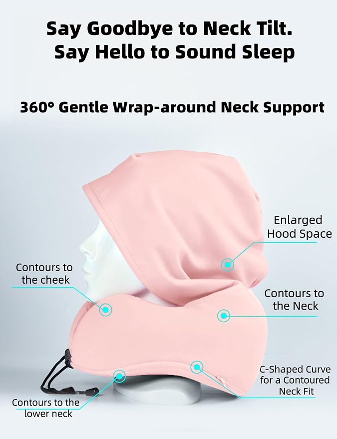 Travel Neck Pillow with Extra Large Hood Rollable Airplane Hooded Neck Pillow with Memory Foam Filling and Removable, Skin-Friendly Cover with a Carrying Case & Pouch (Velvet) - Image 4