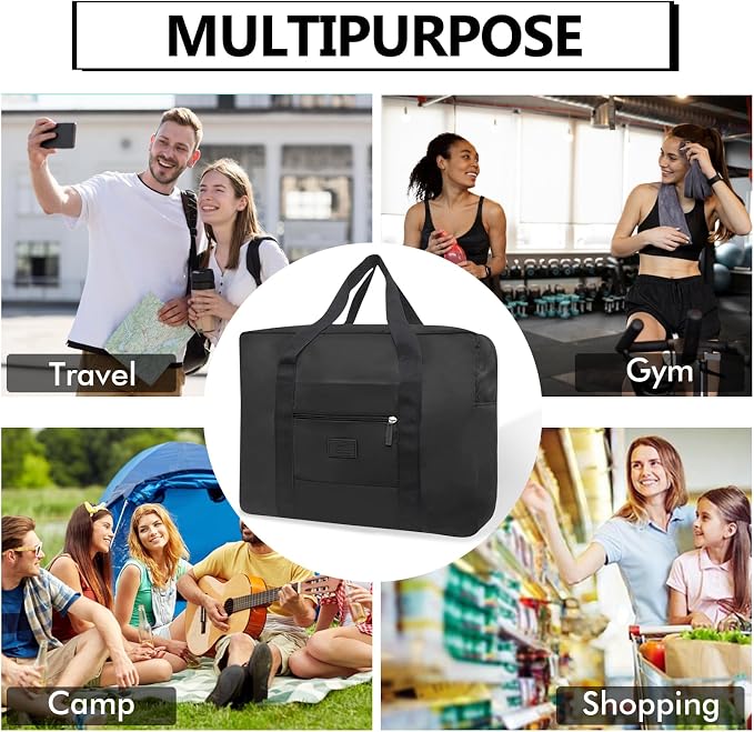 Travel Duffel Bag Lightweight Foldable Travel Bag for Women and Men Waterproof Tote Carry On Luggage Bag Weekender Overnight Bag (Black) - Image 9