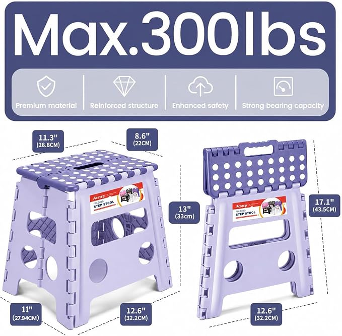 Foldable Step Stool for Adults 13 Inch, 300 lbs, Purple | Lightweight Stepping Stool with Handle and Non-Slip Surface, for Reaching Kitchen Cabinets, Bathroom Shelves and Closets - Image 3