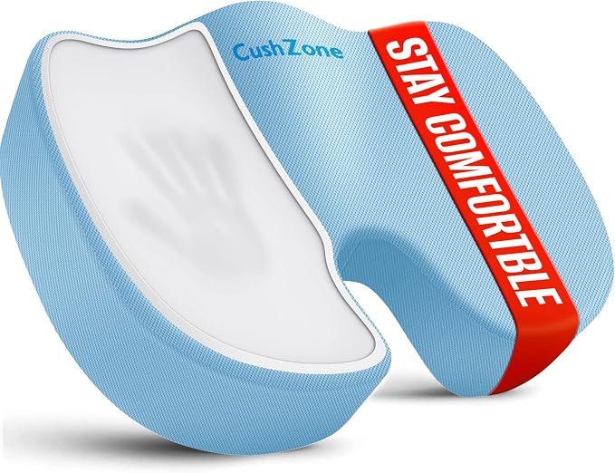 CushZone Memory Foam Seat Cushion for Office Chair & Car, Light Blue | U-shaped Coccyx Cutout, Contoured Design, Breathable Removable Mesh Cover, Non-Slip Base, Carry Handle by CushZone