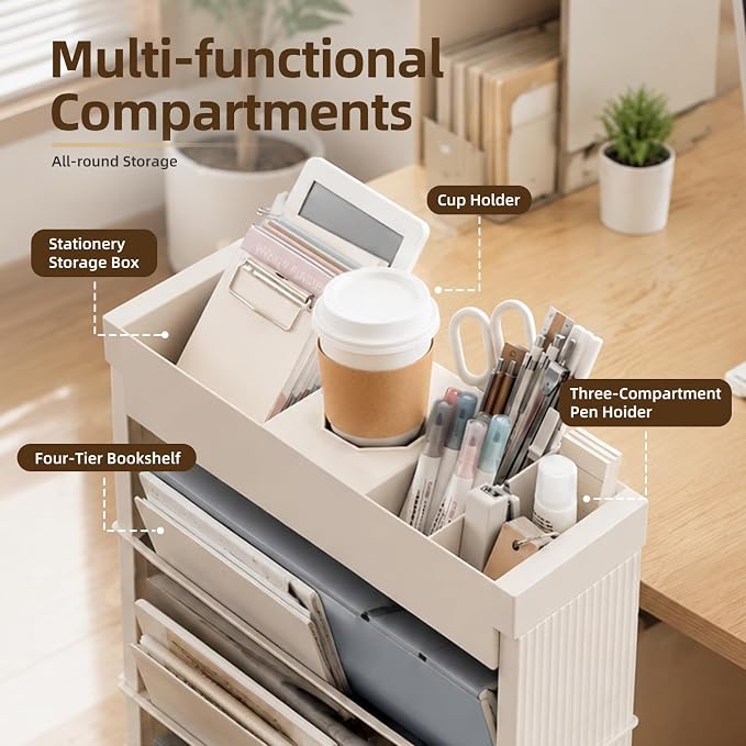 5-Tier Rolling Bookshelf, Rolling Book carts with wheels,Book Storage Rack | Utility Carts, Movable File Folder Organizer Cart for Home,Study,Office,Living Room,Classroom - Image 3