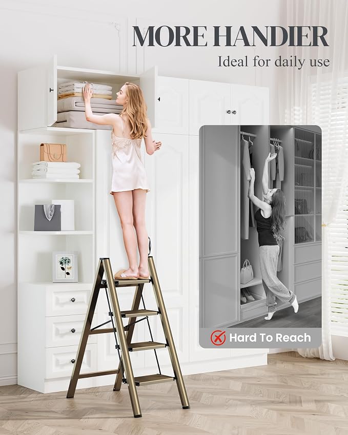 4 Step Ladder, Foldable Aluminum Step Stool with Anti-Slip Pedal | Lightweight yet Sturdy, Portable, Non Slip Feet, 300Lbs Capacity, Elegant Look, for Kitchen, Closet, Pantry, Champagne Gold - Image 2