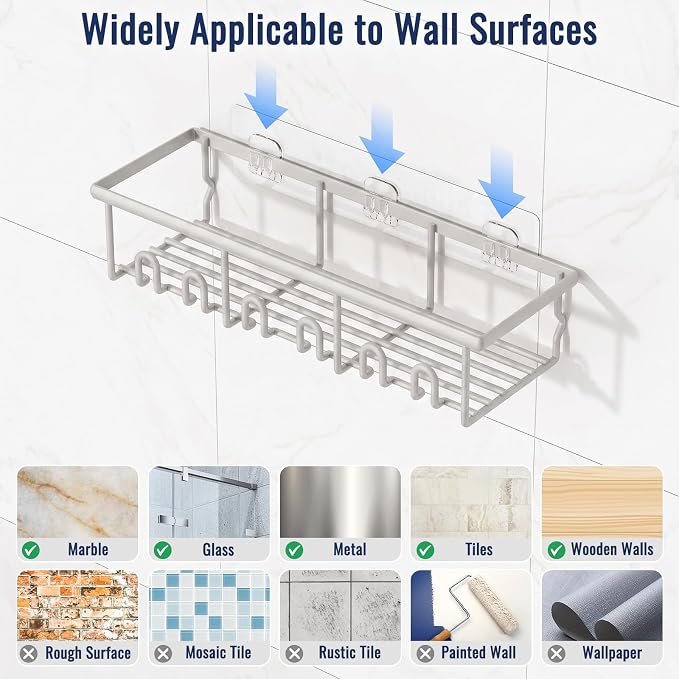 8 Pack Adhesive Rustproof Shower Caddy with Soap Dishes, Toothbrush Holder & Hooks, Large Capacity No-Drilling Shower Shelves Rack for Bathroom Organizers and Storage Accessories, Light Gray - Image 7