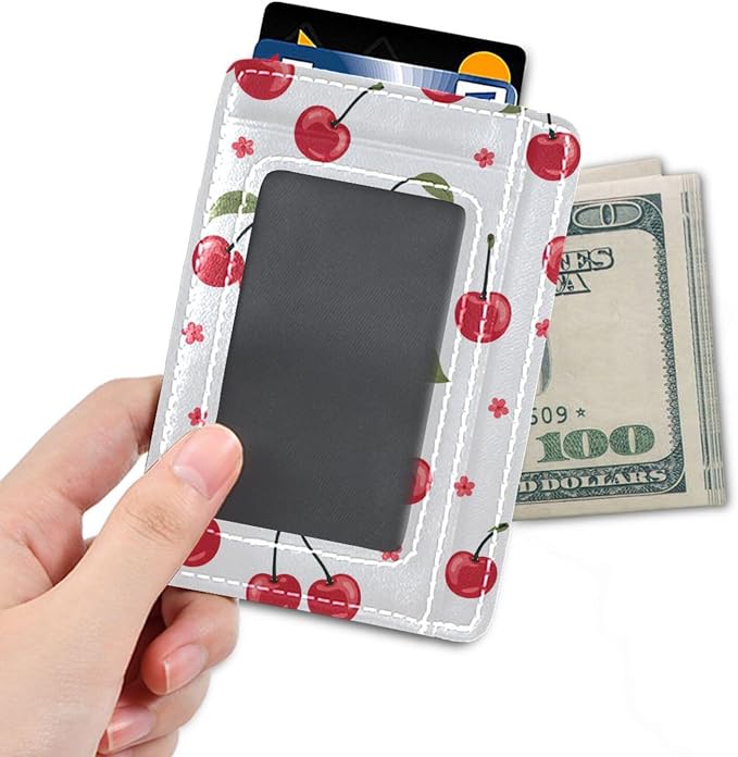 Front Pocket Minimalist Leather Slim Wallet Credit Card Holder Red Cherry for Men & Women - Image 4