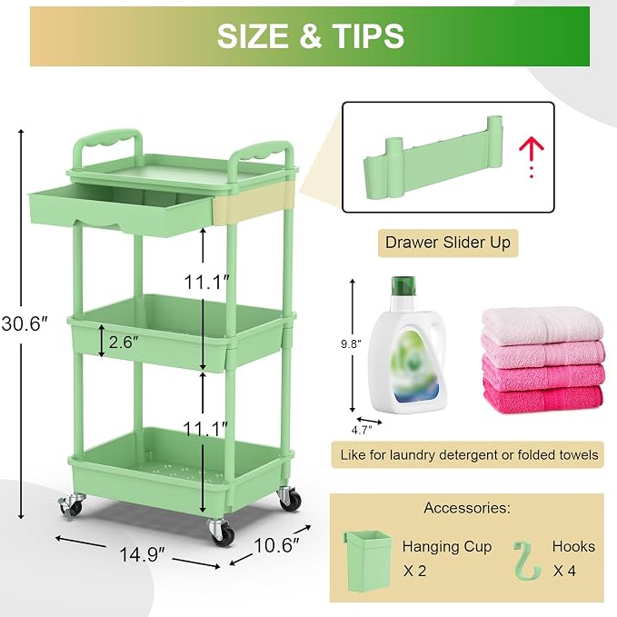 Goovilla 3 Tier Rolling Utility Cart Organizer with Removable Drawer, Green | Stable and Sturdy Rolling Storage Carts with 2 Lockable Wheels for Bathroom, Kitchen, Snack, Craft, Makeup, Baby Essentials - Image 4