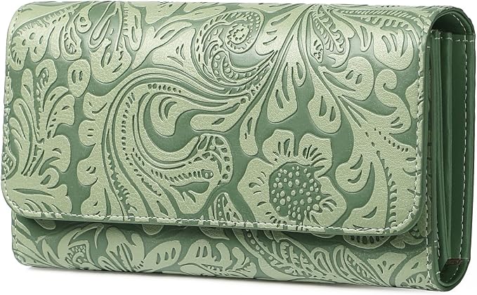 GOIACII Leather Wallets for Women RFID Blocking Western Clutch Green | Embossed Design, Trifold, Large Billfolds, Vintage Flower, Ladies Purses with Zipper Coin Pocket by GOIACII