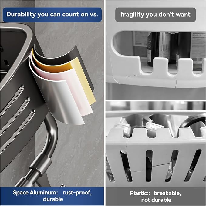 Corner Shower Caddy Suction Cup, Gray (3 Pack) | Rustproof aluminum shelf with towel bar & hooks. No-drill removable wall storage. Strong suction - Image 5