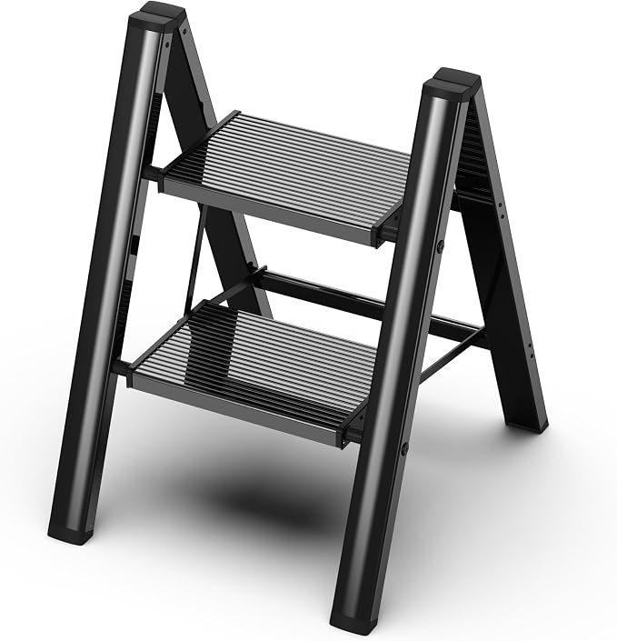 2 Step Ladder, Foldable Aluminum Step Stool with Anti-Slip Pedal | Lightweight yet Sturdy, Portable, Non Slip Feet, 300Lbs Capacity, Elegant Look, for Kitchen, Closet, Pantry, Black by GameGem