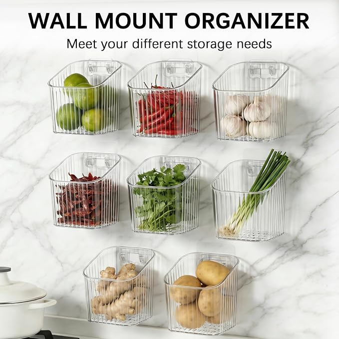 8 Pack Wall Mount Organizer, Cabinet Storage Bins with Self-Adhesive Hooks | Hanging Wall Mounted Storage Makeup Containers Stackable Storage Basket for Walls Pantry Office Kitchen Bathroom - Image 8
