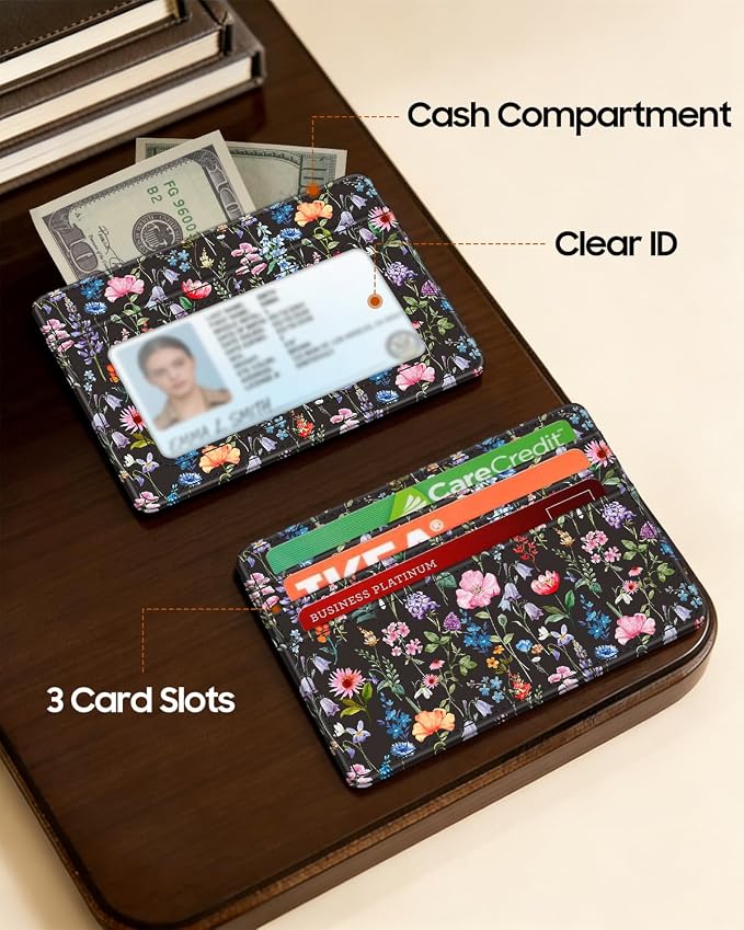 FINTIE Slim Minimalist Front Pocket Wallet RFID Blocking Credit Card Holder | Card Cases with ID Window for Men Women, black floral - Image 4