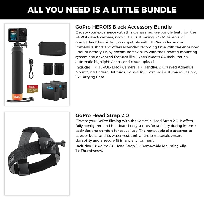 GoPro HERO13 Waterproof Action Camera (Black), 5.3K60 27MP, 2 Battery, Kit | GoPro bundle Includes Handler floating handgrip, 2 Enduro 1900mAh batteries, 64GB Extreme microSDXC card, Head Strap 2.0 Kit - Image 2