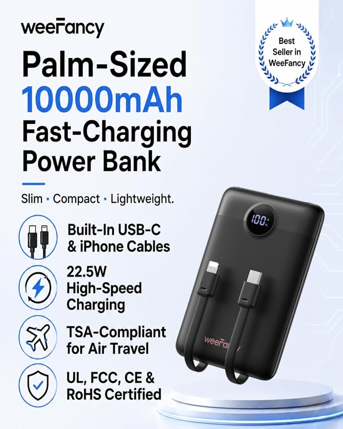 WeeFancy Compact Portable Charger 10000mAh with Built-in Cables | 22.5W Fast Charging Power Bank, Smaller Battery Pack for iPhone, Samsung, Android, Flight & Travel-Friendly, TSA-compliant - Image 2