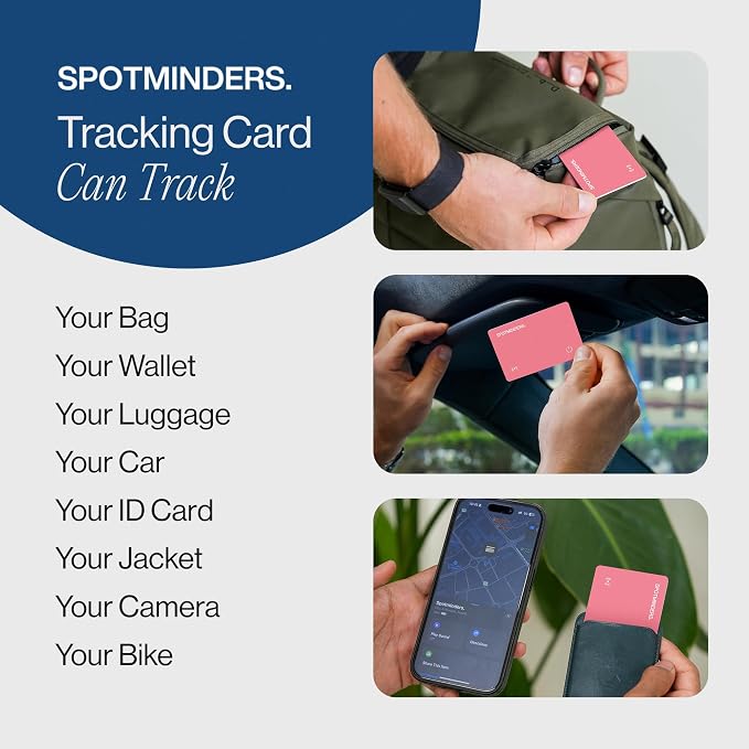 SPOTMINDERS Apple MFi Certified Wallet Tracker Card for Travel Gifts for Women - Works with Apple Find My Rechargeable Tracking Card for Wallet Luggage Passport Purse Slim 0.07in IP68 Pink Item Finder - Image 9