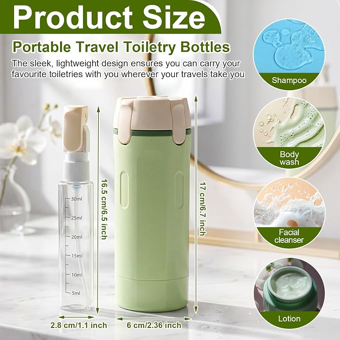 2 Pack 4 in 1 Travel Dispenser with 30ml Travel Bottles and Label Refillable & Leak Proof Portable Toiletry Containers with Locks for Shampoo Lotion Conditioner Cream (Green) - Image 2