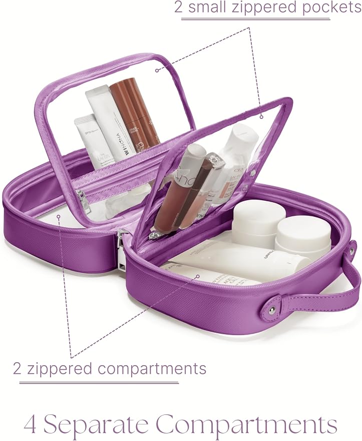 Clear Cosmetic Bag Double Layer Travel Toiletry Bag Clear Makeup Bag Case with 4 Compartments, Transparent Travel Bag for Toiletries, Large Toiletry Bag for Women Cosmetic Case (Purple, Large) - Image 3
