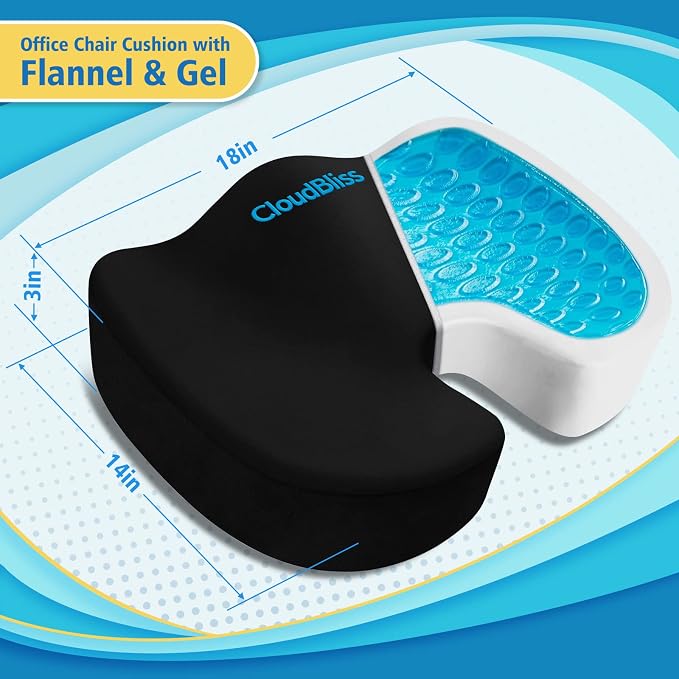 CloudBliss Gel Memory Foam Seat Cushion for Long Sitting, Large, Black | Gel Chair Pad for Tailbone, Coccyx, Sciatica , Soft Suede Cover, Non-Slip , Washable Mesh, for office, home, car - Image 2