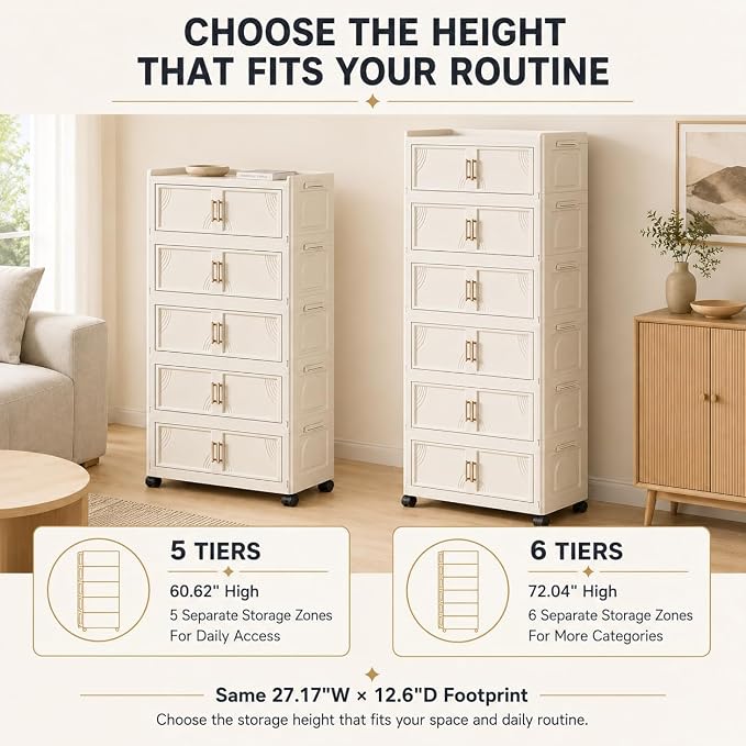 6-Tier Foldable Storage Cabinet with Doors and Locking Wheels | Tall white PP cabinet, 30 lb per tier; magnetic double doors, raised top tray, snap-fit tiers, and 360° locking wheels - Image 9