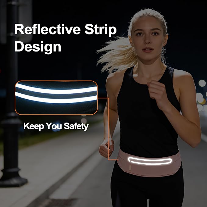 Slim Running Belt for Women Men,Phone Holder Waist Pack,Runners Fanny Pack | No-Bounce,Sweat-Proof Pocket,Travel Money Pouch for Gym/Hiking/Cycling,Three pocket,Two Highly Reflective Strips - Image 6