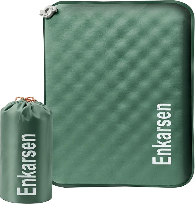 Inflatable Travel Seat Cushion – Self-Inflating Memory Foam Pad for Airplane, Stadium Bleachers, Camping, Hiking & Backpacking – Ultralight Compact & Portable Sitting Cushion (Green) by Enkarsen