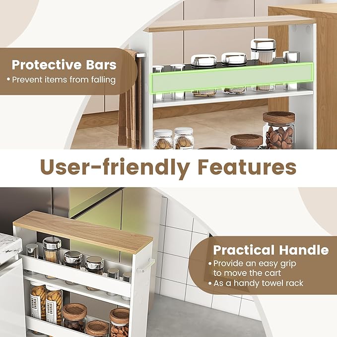 COSTWAY Slim 4-Tier Rolling Utility Cart, Wooden Shelving Unit with Handle & Wheels, Ideal for Small Spaces - Image 4