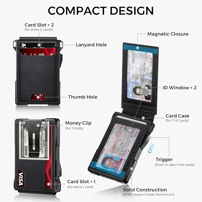 RUNBOX Wallet for Men, Mens Minimalist Wallet Holds 14 Cards, Compact Pop Up Wallet with Dual ID Windows & Money Clip, RFID Blocking Flip Up Card Holder, Metal Aluminum Credit Card Case Bifold Wallet - Image 5