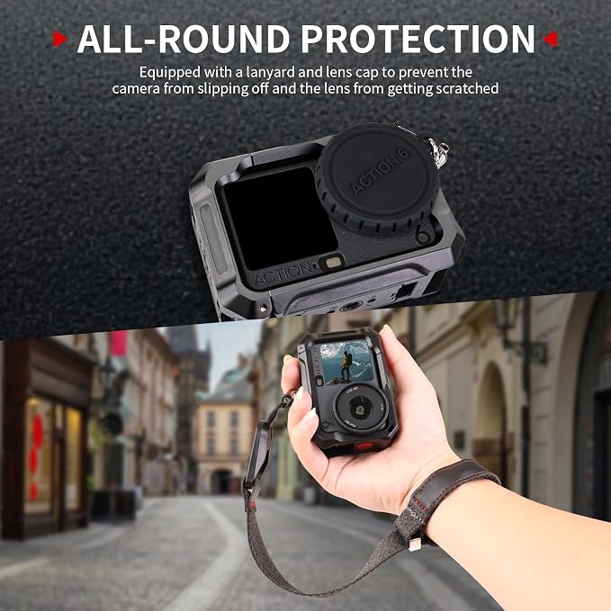 Cage for DJI Osmo Action 6 (Advanced Edition),Aluminum Alloy Camera Cage with Cold Shoe, Wrist Strap, Lens Cover, Protective Frame with 1/4"-20 Locating Holes, Action 6 Accessories(Black) - Image 3