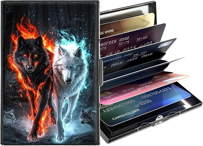 Metal Wallet,Credit Card Holder for Women,Slim RFID Blocking Credit Card Holder Thin Aluminum Wallet ID Case,6 Slot Business Mini Hard Metal Case for Women/Men,Fire Ice Wolf by Unknown