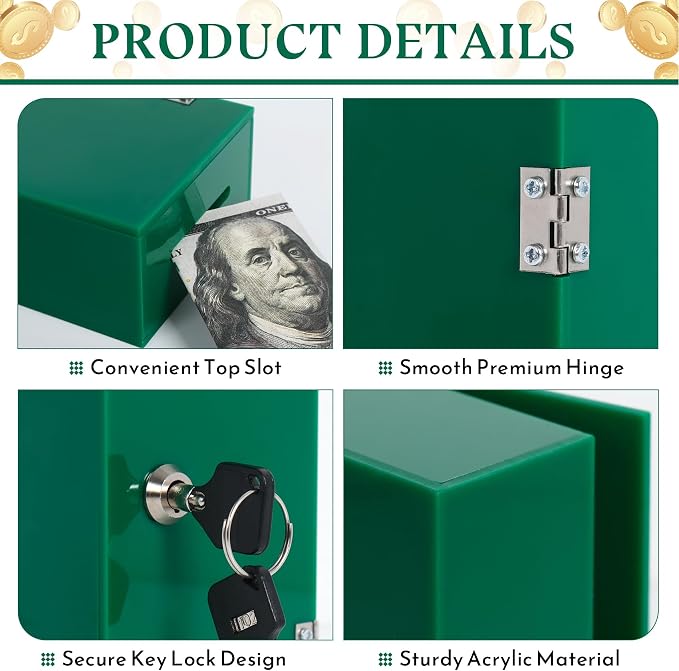 Acrylic Cash Box for Gambler 2 Pack Large and Small, Green Winners Bank with Keys, Slot, Storage Bag, Waist Bag, Portable Casino Money Organizer Safe Lock Box for Gamblers, Christmas Gift for Men - Image 3