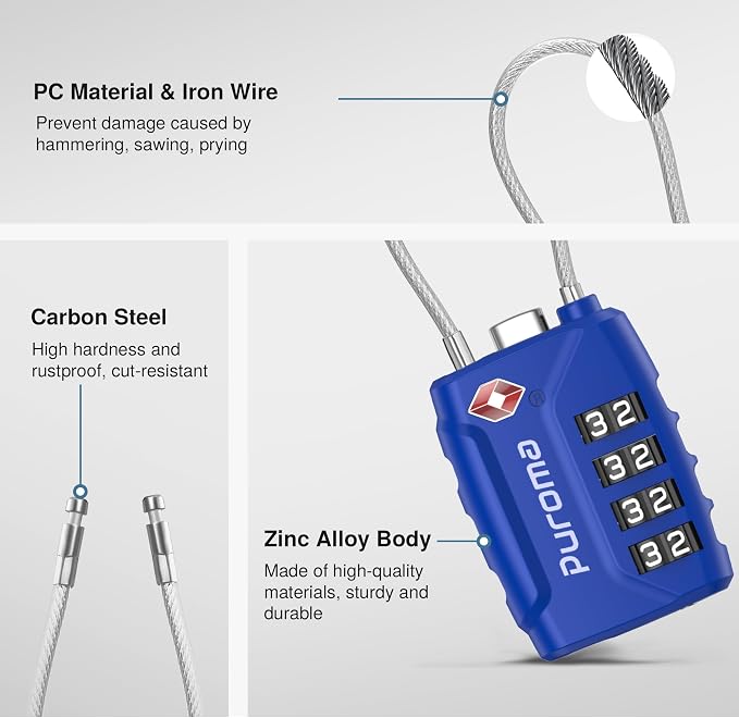 Puroma 2 Pack TSA Approved Luggage Locks 4 Digit Code Cable Lock Blue | Resettable, Flexible Cable, Zipper holes, Zinc Alloy, Bright Color, Large White Numbers, Suitcase Train Travel, laptop bag - Image 5