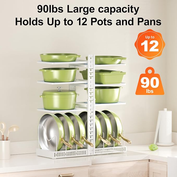 LAMU Pots and Pans Organizer under Cabinet, Pan Pot Organizers inside Cabinet with 6 Shelves and Pot Lid Organizer, Adjustable Height Up to 24", Holds up to 12 Pans, Lightweight Pots, White - Image 4