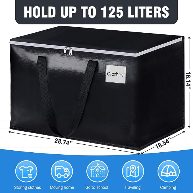 Heavy Duty Moving Bags, Extra Large Storage Bags, 125L, 6-Pack, Black | Foldable, with Zippers, Tag Pocket & Handles, Reusable, Space-saving, Water-Resistant, for moving & storage, Versatile Use - Image 2