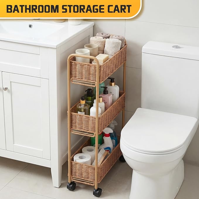Utility Slim Storage Cart,3-Tier Rolling Kitchen Office Laundry Room Cart,Mobile Shelving Unit Organizer for Living Room Bathroom Baby Diaper Narrow Places (Natural, 3 Tiers-7.1 inch (W)) - Image 7