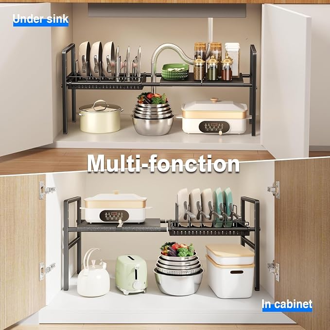 Mustorn Pots and Pans Organizer Under Cabinet, Expandable 1 Tier Under Sink Organizers and Storage Adjustable Height Kitchen Pot and Pan Lid Holder Rack with 6 Dividers Under Cabinet Shelf(Black) - Image 6