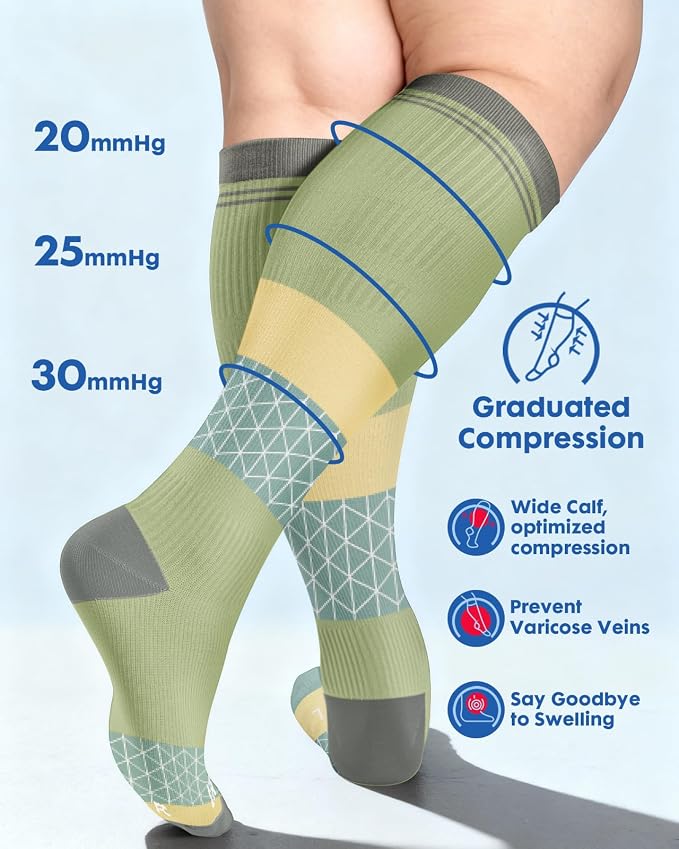 3-Pair Wide Calf Compression Socks for Women | 20-30mmHg Graduated Support, Easy On & Off, Knee High Length, Ankle Support, Travel Nurse Daily Wear, Cute Patterned - Image 5
