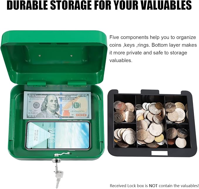 KYODOLED Medium Cash Box with Money Tray,Small Safe Lock Box with Key,Cash Drawer,7.87"x 6.30"x 3.54" Green Medium - Image 4