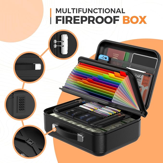 Fireproof Document Box, Waterproof Safe Box with Combination Lock | Upgraded Fireproof, Water-Resistant Document Organizer Box with Multi-Compartment Storage for Home, Office, and Travel Use - Image 3