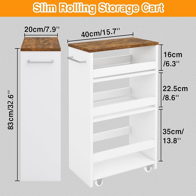 IBUYKE Slim Storage Cart Skinny Rolling Cart Utility Trolley UWST005W-L | 4-Tier,7.9" Narrow, with Handle & Lockable Wheels, for Kitchen Laundry Room Bathroom, Small Spaces,Space-Saving - Image 4