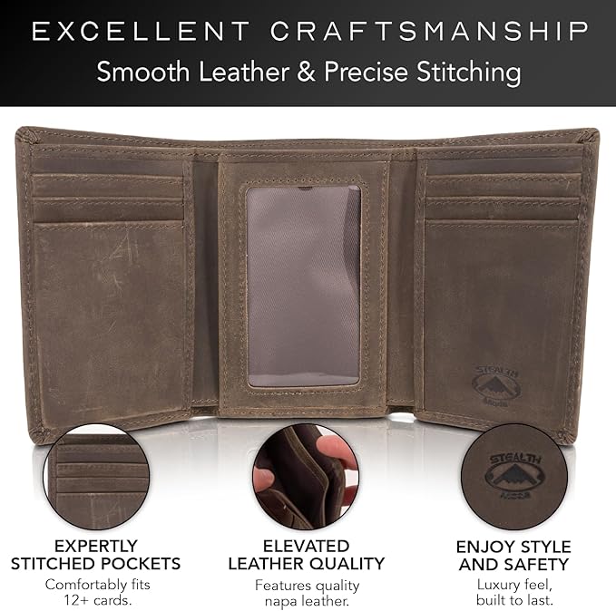 Stealth Mode Trifold Leather Wallet for Men with RFID Blocking (Taupe) | Top Grain Napa Leather, 9 Card Slots, ID Window, Gift Box – Gift for Dad, Husband, or Son - Image 3