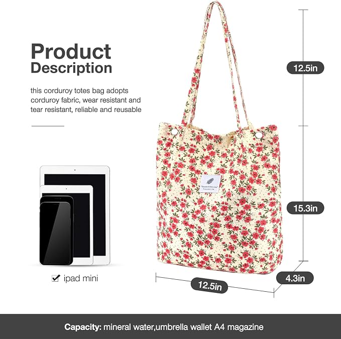 LHMTQVK Corduroy Tote Bags for Women, Large Capacity Tote Purse Reusable Grocery Shoulder Bag with Inner Pockets - Image 3