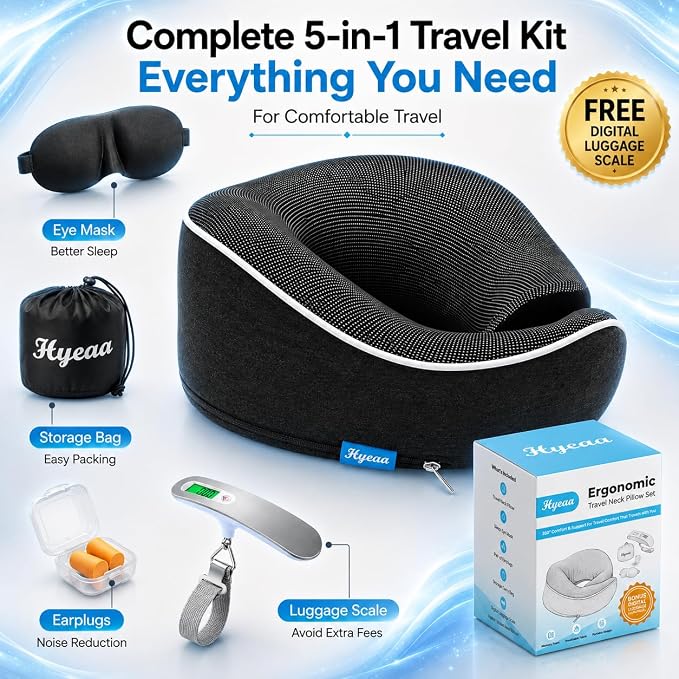 Travel Pillows for Airplanes - Memory Foam Neck Pillow for Sleeping and Travel - 360° Support Airplane Pillow Set with Eye Mask, Earplugs & Luggage Scale, Portable Travel Essentials - Dark Grey. - Image 8