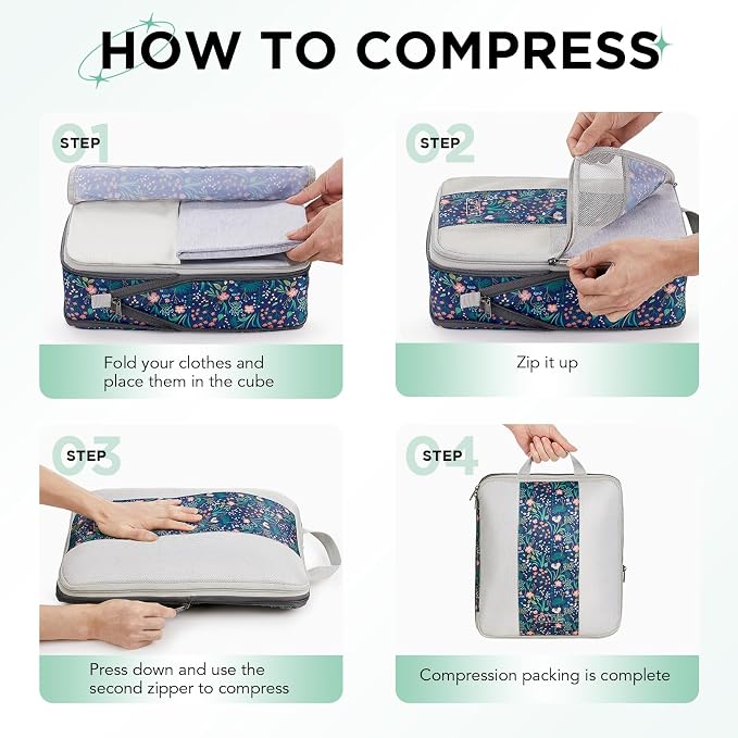 OlarHike 10 Set Compression Packing Cubes for Travel Essentials,Compressible Expandable Space Saver Bags for Organizing Clothes,Luggage Garment Bags with Over 1000 pcs Mesh Holes(Dark Blue Floral) - Image 3